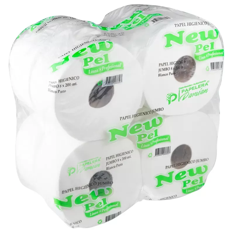 Papel Higienico 200 metros Jumbo Blanco Puro Tissue New Pel pack 8 rollos cono chico