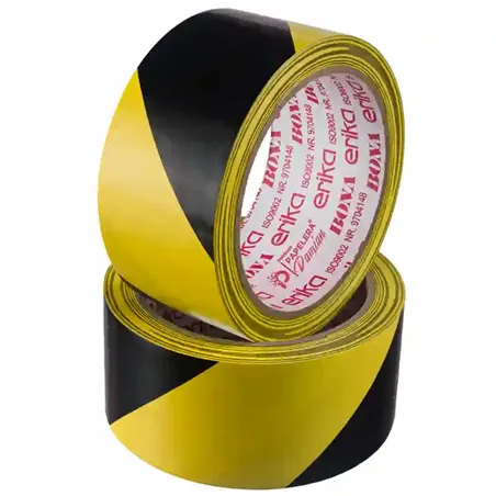 Cinta Demarcatoria amarillo y negro PVC Erika 48 mm x 18 metros adhesiva de alta resistencia